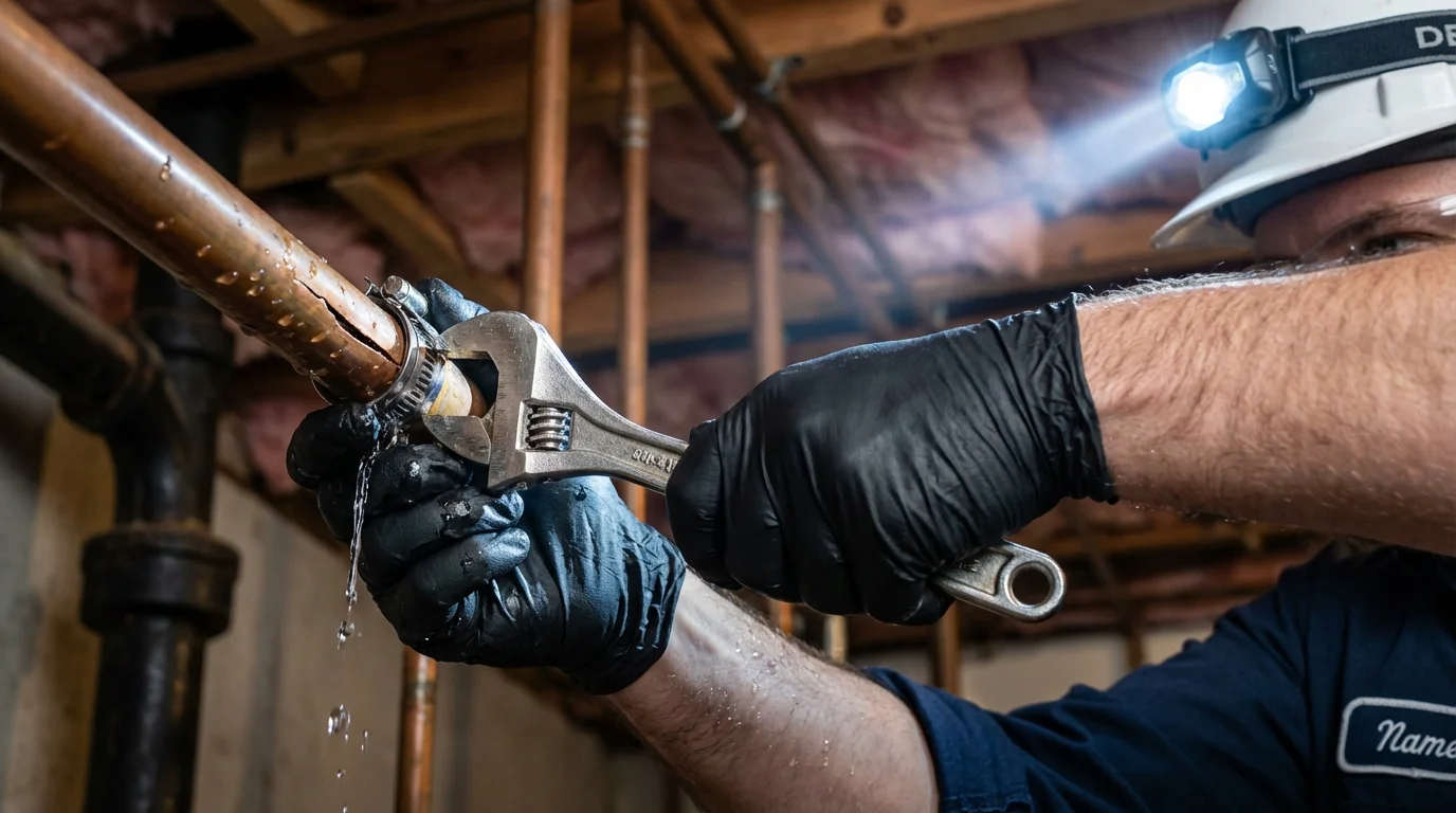Emergency pipe clamp repair being performed by a Johns Plumbing LLC plumber in Alma