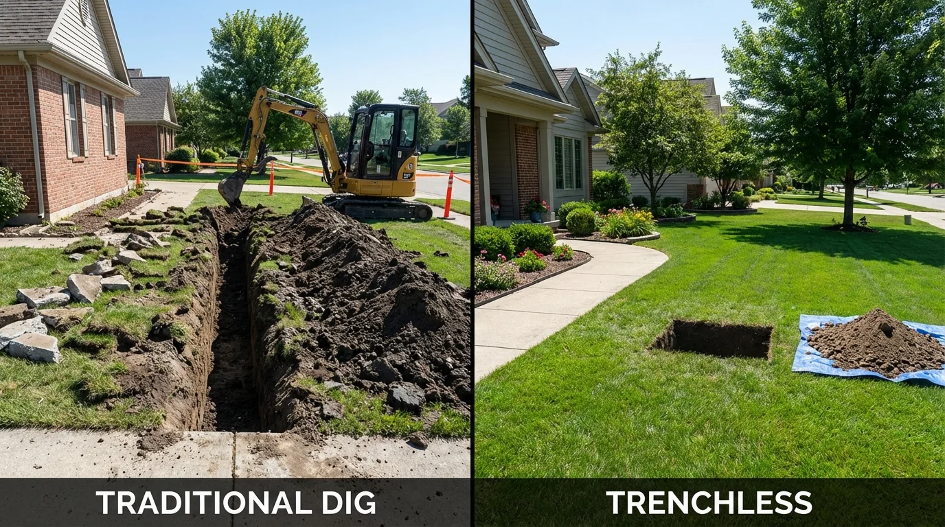 Trenchless sewer repair with minimal yard damage versus traditional excavation in Alma, AR